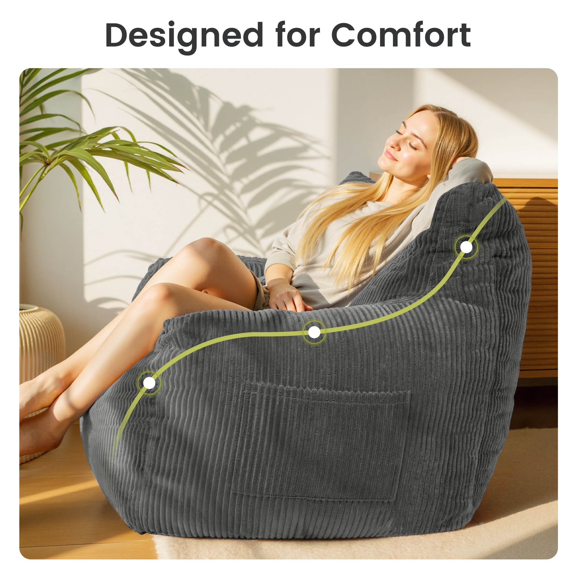 PamapicLife 2-Person Chill Plush Corduroy Bean Bag Sofa, Gray