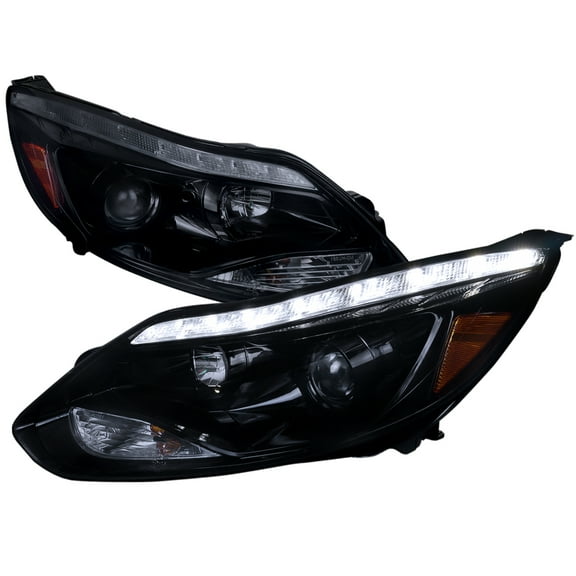 Projector Headlights w/ LED Light Strip & LED Turn Signal Lights (Black Housing/Smoke Lens) Made for and Compatible with 2012-2014 Ford Focus