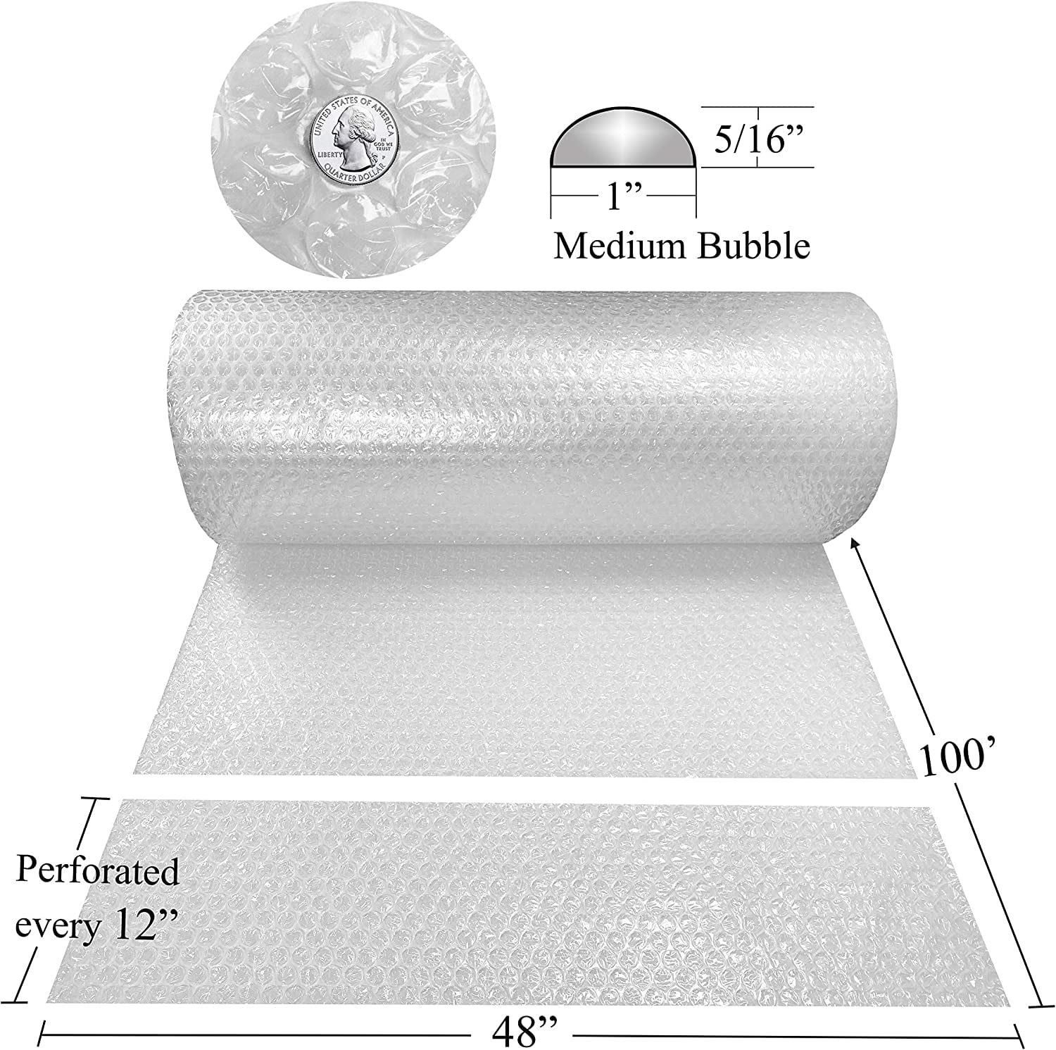uBoxes Medium Bubble Cushioning Roll 48" Wide x 100 ft - Medium Bubbles 5/16", Clear, (BUBBMED48100)