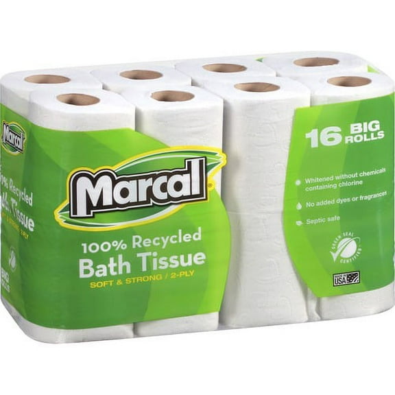 Marcal 100% Recycled Soft/Strong Bath Tissue - 2 Ply - 4.20" x 3.60" - 168 Sheets/Roll - White - Fiber - Soft, Strong, Septic Safe, Hypoallergenic - For Bathroom - 16 Rolls Per | Bundle of 10 Cartons