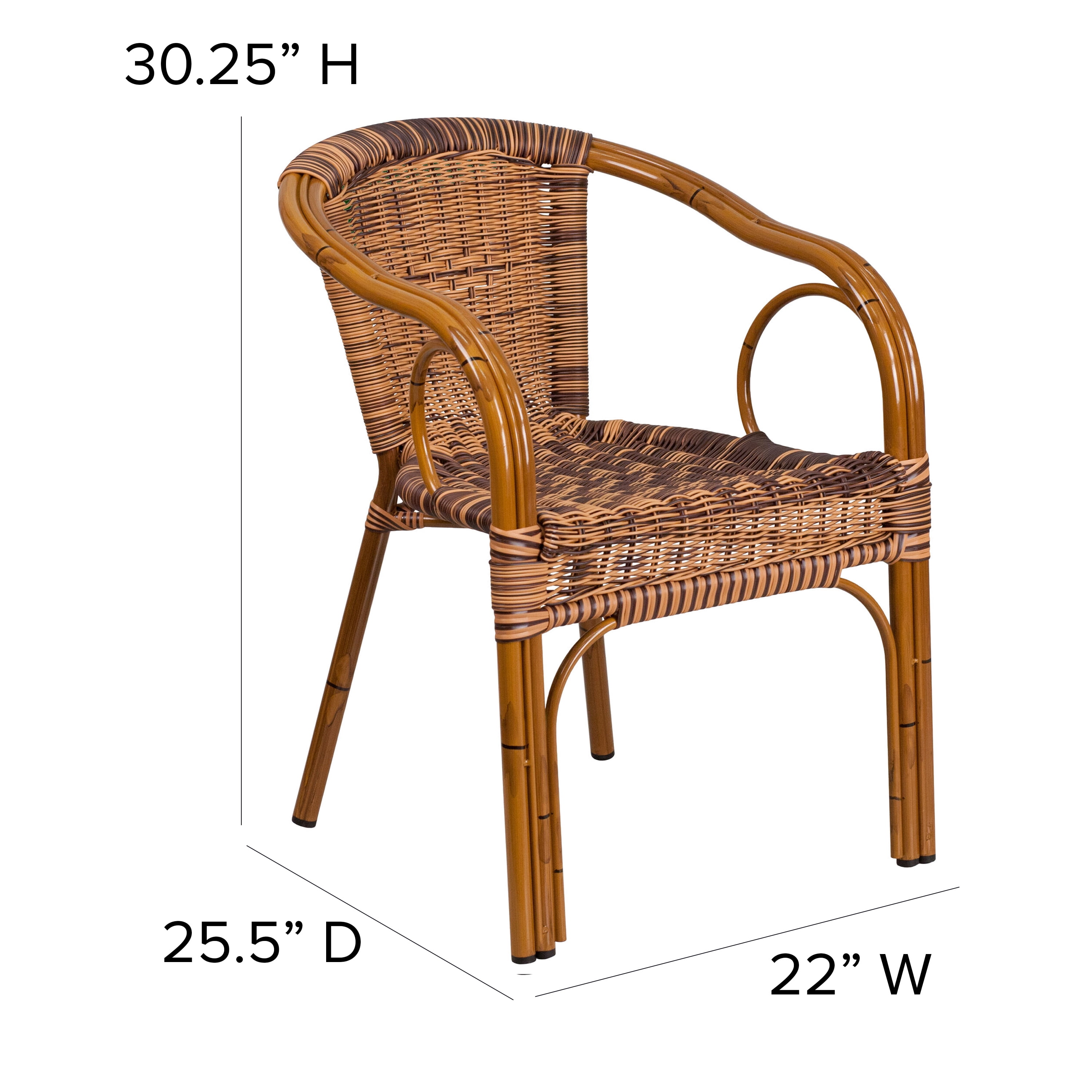 Merrick Lane Stacking Rattan Patio Chair in Burning Brown with Dark Red Bamboo Look Aluminum Frame and Integrated Arms