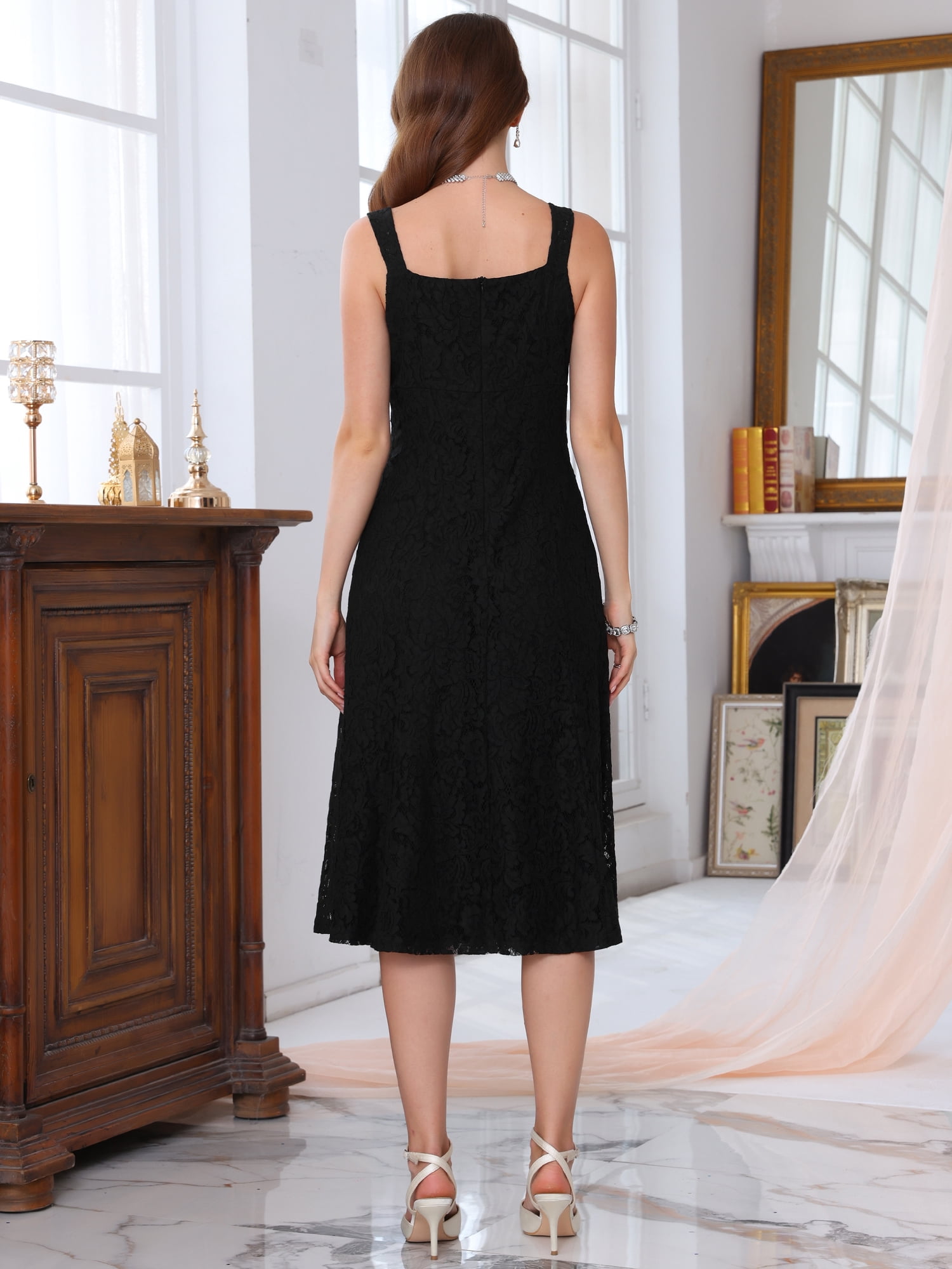 DARING DIVA Women's Lace Prom Straps Square Neck Sleeveless Midi Dress M Black