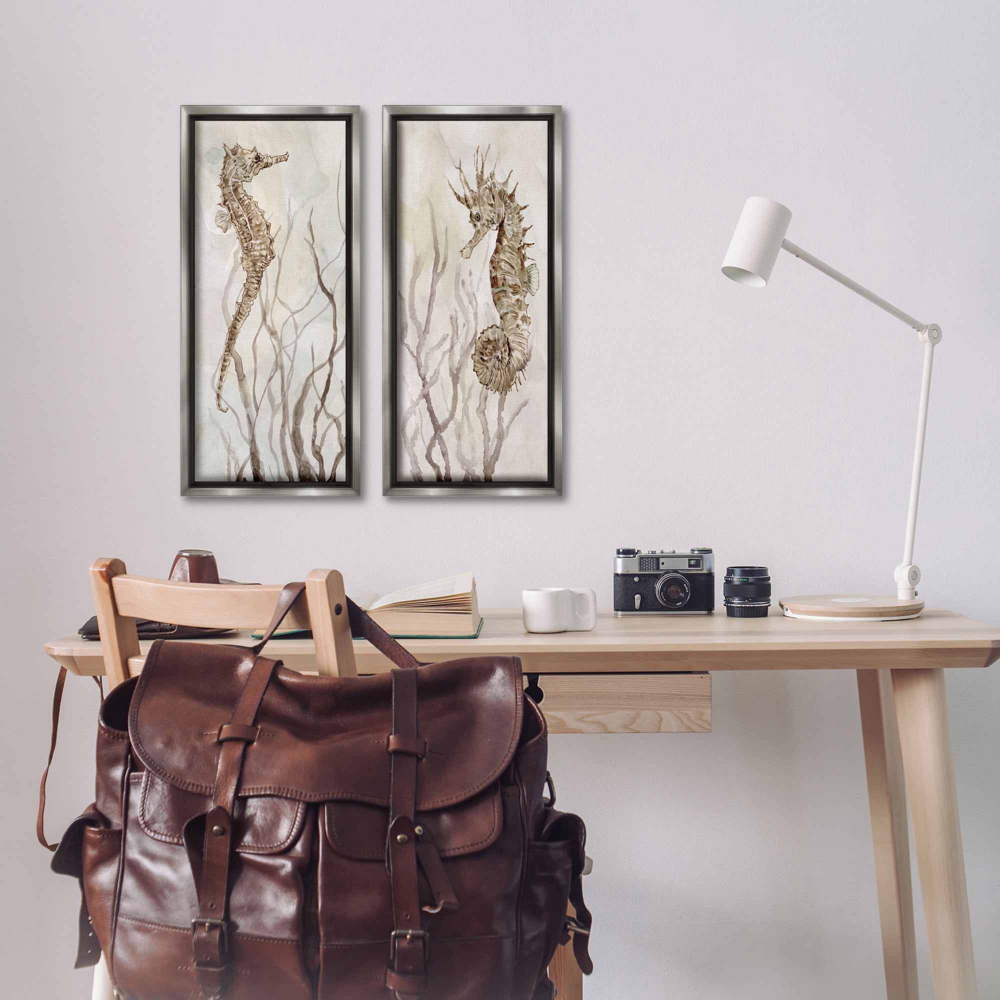 Stupell Industries Enchanted Sea Horse & Ocean Algae Animals & Insects Painting Gray Floater Framed Canvas Art Print Wall Art, 11 x 25, Set of 2