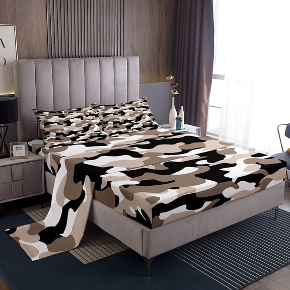 Erosebridal Brown Camo Full Sheet Sets, Army Camouflage Bedding Full Size, Militarily Tie Dye Decor 4pcs