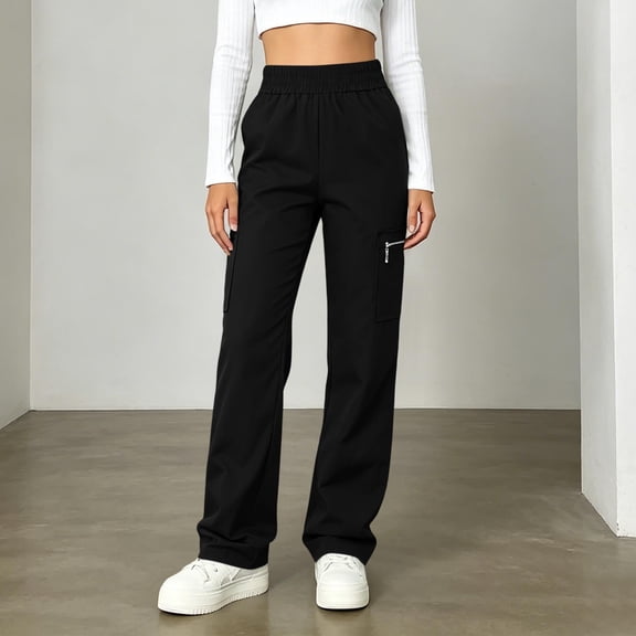 Cagogo Women Straight Leg Elastic Waist Pants with Pockets Casual Solid Streetwear Loose Long Cargo Trousers for Vacation Travel Work Lounge, Black M