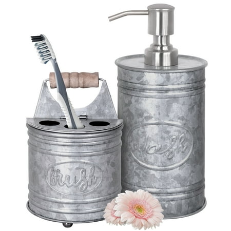 Autumn Alley 2 Piece Galvanized Bathroom Set – Metal Farmhouse Soap Dispenser & Rustic Toothbrush Holder