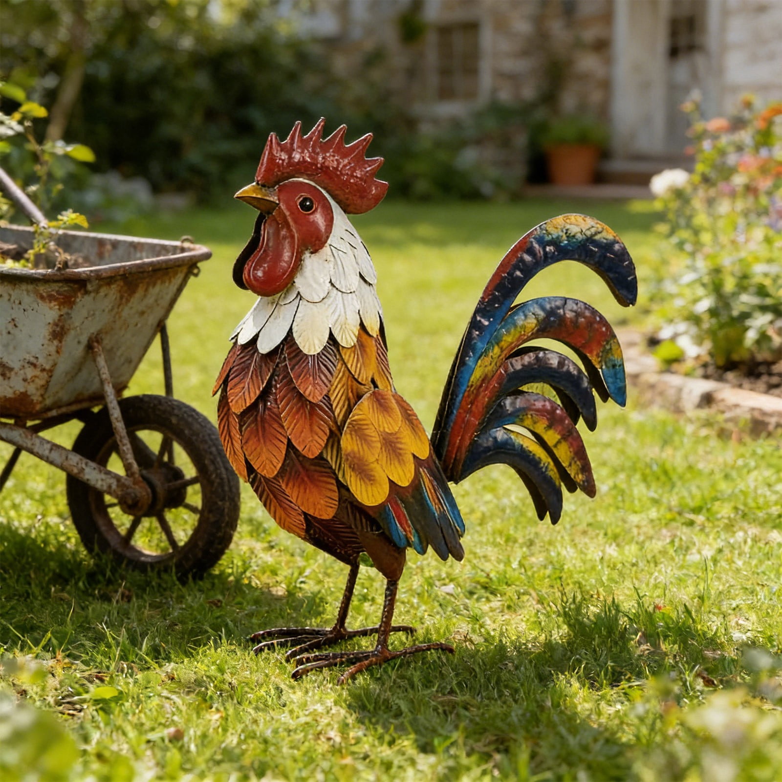 Pxyqht Iron Stereoscopic Rooster Ornament Outdoor Garden Courtyard Decoration Simulation Metal Yard Art Farmhouse Statue 10x13in