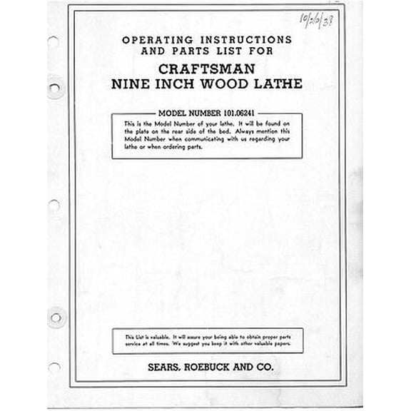 1938 Craftsman 101.06241 9" Wood Lathe-Operating Instructions & Parts List REPRINT