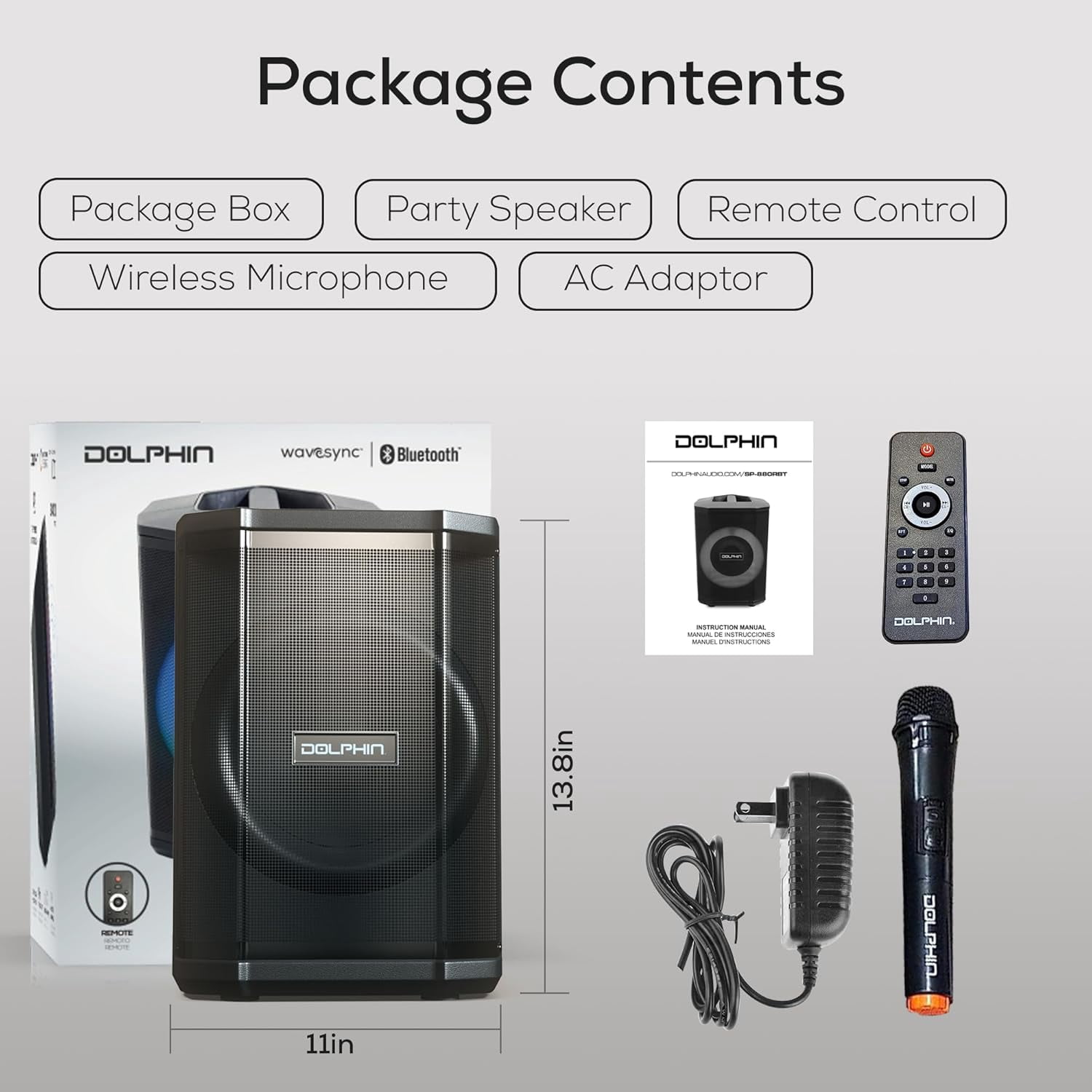 Dolphin Audio SP-880RBT Rechargeable 8-In. Portable Bluetooth Party Speaker with Tilt Function, LED Light Ring, Wireless Microphone, and Remote, SP-880RBT