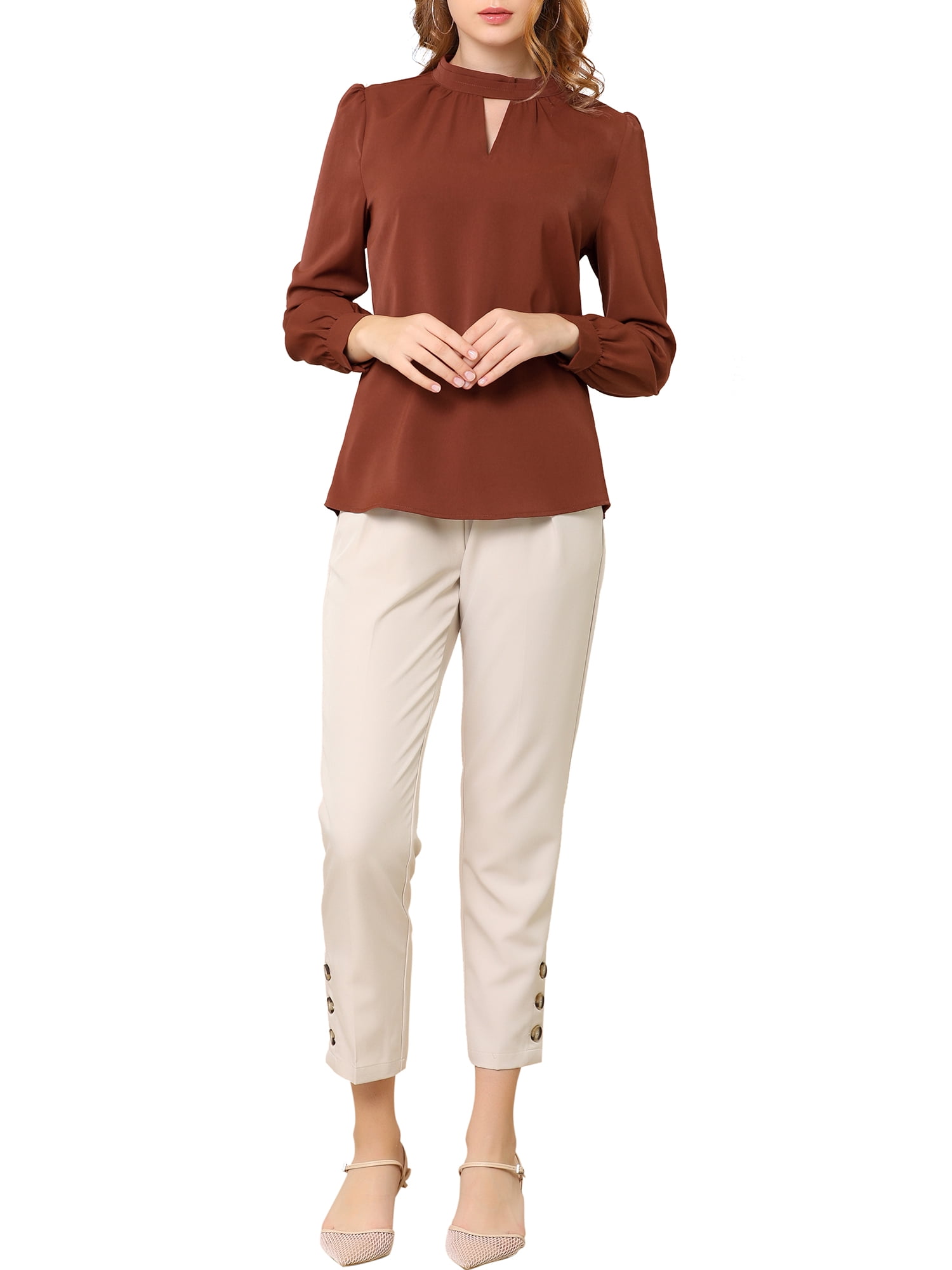 DARING DIVA Women's Stand Collar Long Sleeve Office Blouse M Brown