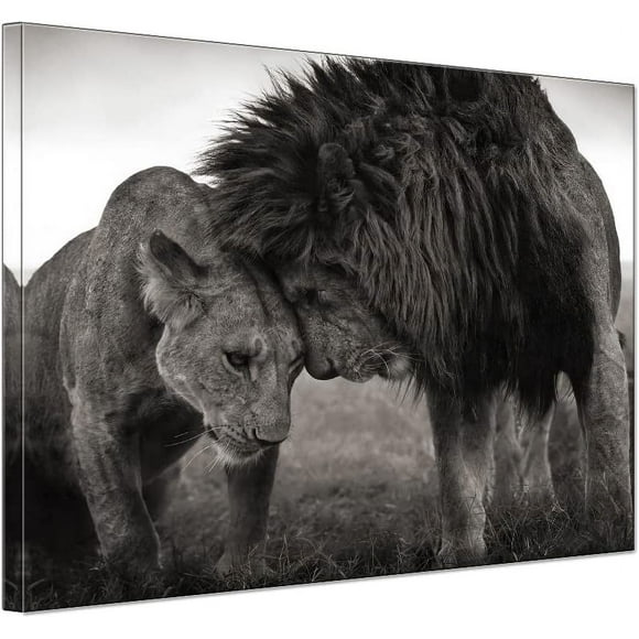 AIR-Modern Lion Lioness Black and White Pictures Office Bedroom Wall Art MInimalist Animal Couple Artwork Framed Canvas Painting Print for Home Bathroom Kitchen Décor 12x16inch