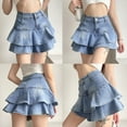 thumbnail image 5 of TINYSOME Women High Waist A-Line Mini Cake Jeans Skirt Vintage Washed Pleated Ruffles Layered Tiered Casual Slim Denim Streetwear, 5 of 17