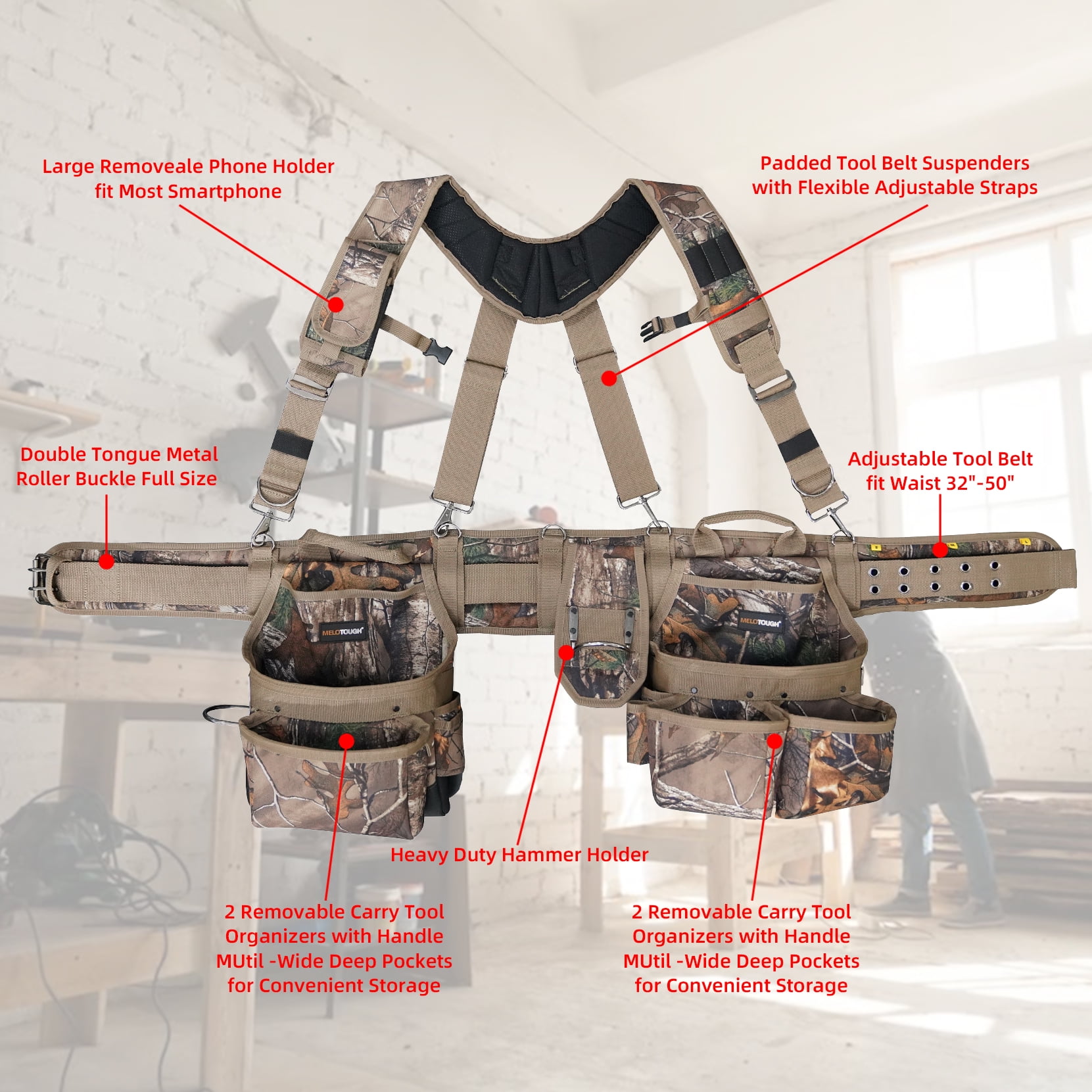 MELOTOUGH Camo Tool Belt with Suspenders Camouflage Tool Bag Supenders Framers Comb Apron Tool Belt Construction Tool Pouch Suspenders Heavy Duty Carpenter Suspension Rig for Electrician