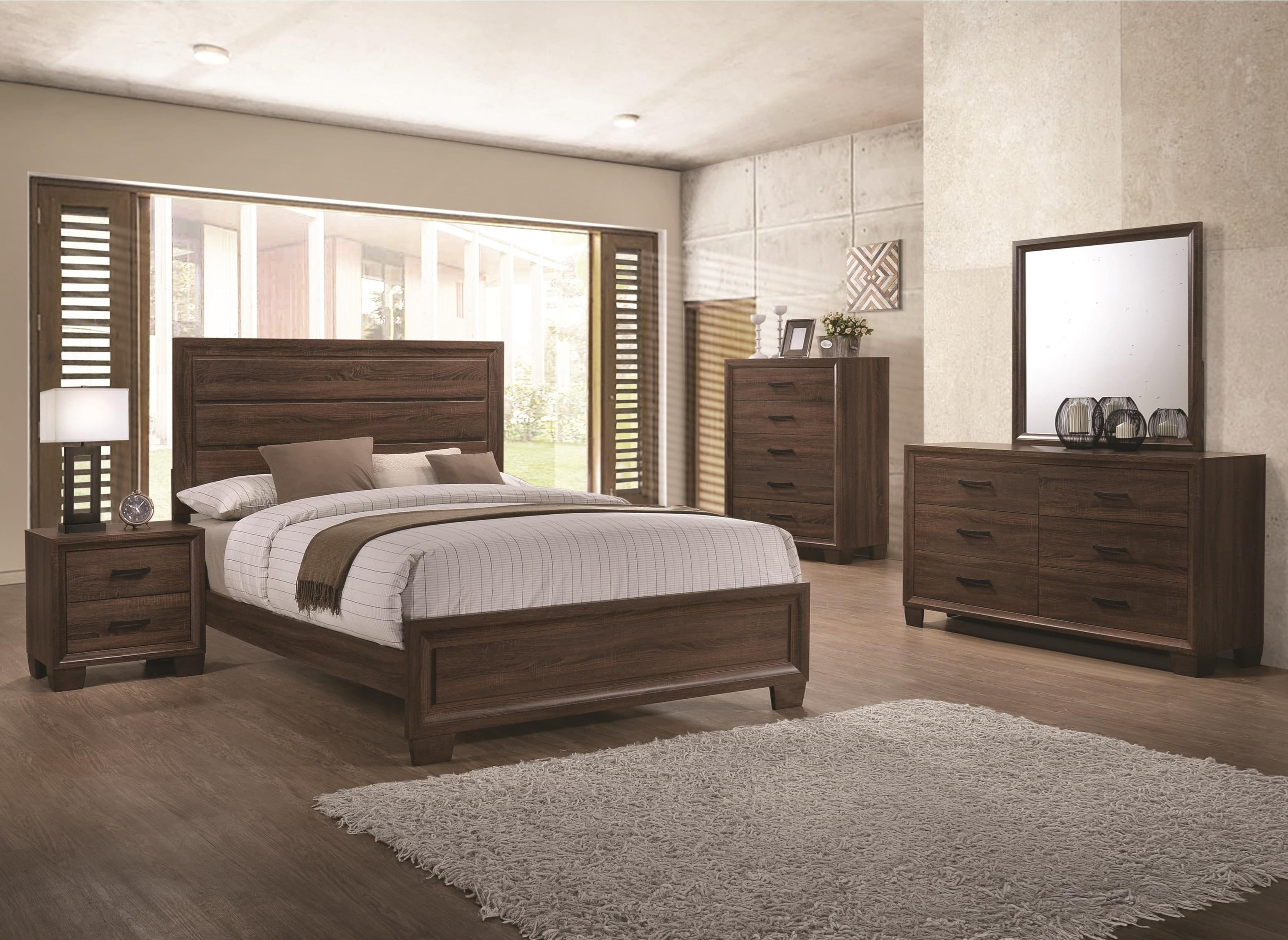 Bedroom Furniture Medium Brown Queen Size Bed Panel unique 4pc Set Matching Dresser Mirror