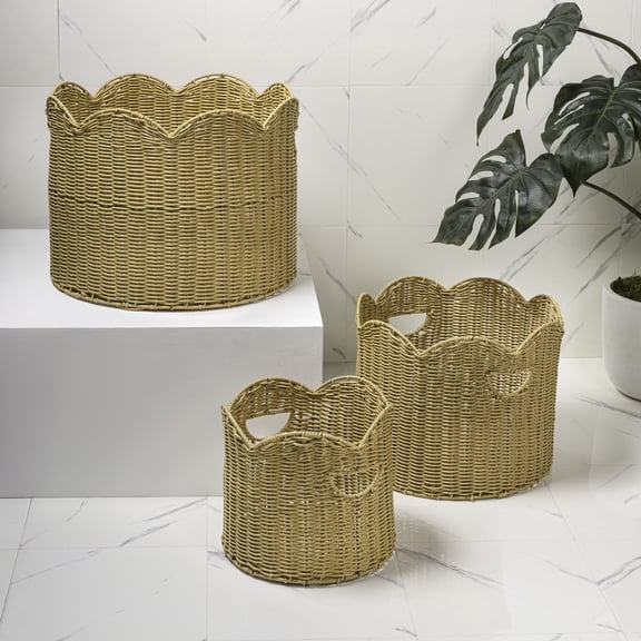 happimess Maris Contemporary Cottage Resin/Metal Scalloped Edge Nesting Storage Baskets with Handles, Natural (Set of 3)