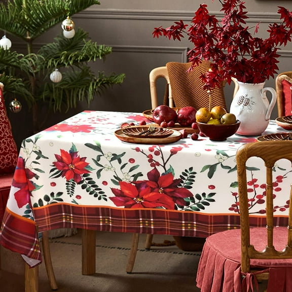 Christmas Tablecloth Rectangle, Fabric Table Cloth Washable Wrinkle Resistan with Xmas Poinsettia & Plaid Patterns Easy Care, Stain Release Tablecloth, (Red, Rectangle/Oblong, 60" x 84" (6-8 Seats)