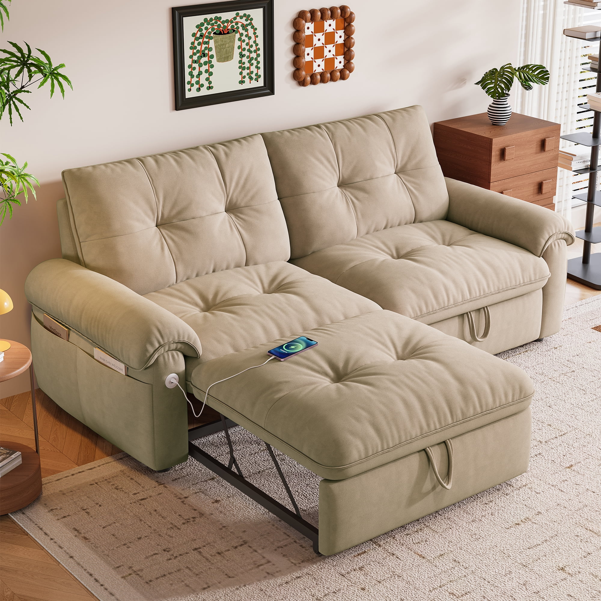 Leumius 77" Convertible Sofa Bed,2-in-1 Cloud Loveseat Sleeper Sofa with Steel Frame & USB, Chenille Pull Out Bed for Living Room/Bedroom/Apartment,Brown
