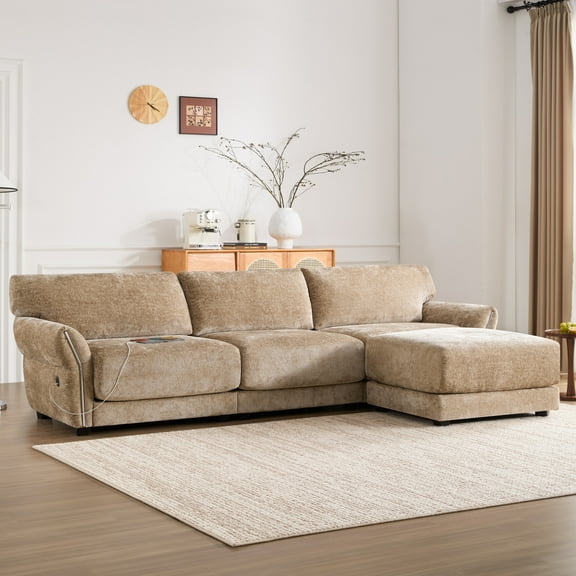 110" Modular Sectional Sofa with Charging Station, L-Shaped Chenille Cloud Couch with Extra-Wide Seat and Moveable Ottoman for Living Room, Khaki