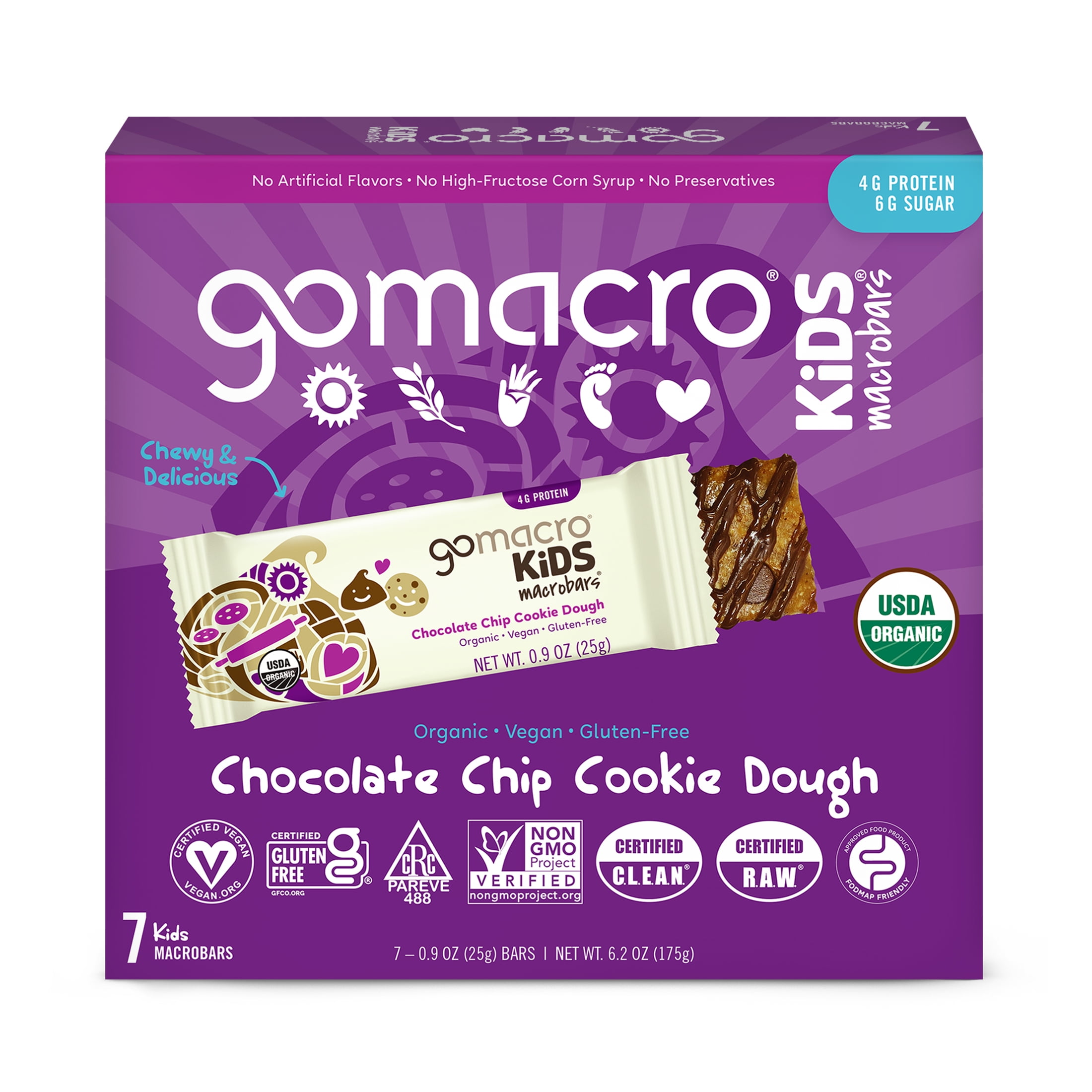 GoMacro Kids MacroBar, Chocolate Chip Cookie Dough, Organic Vegan Snack Bars, 7 ct