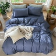 thumbnail image 4 of MooMee 100% Washed Cotton Duvet Cover Set King Linen Like Textured Breathable 3-Piece (Denim Blue, 104"x90"), 4 of 7