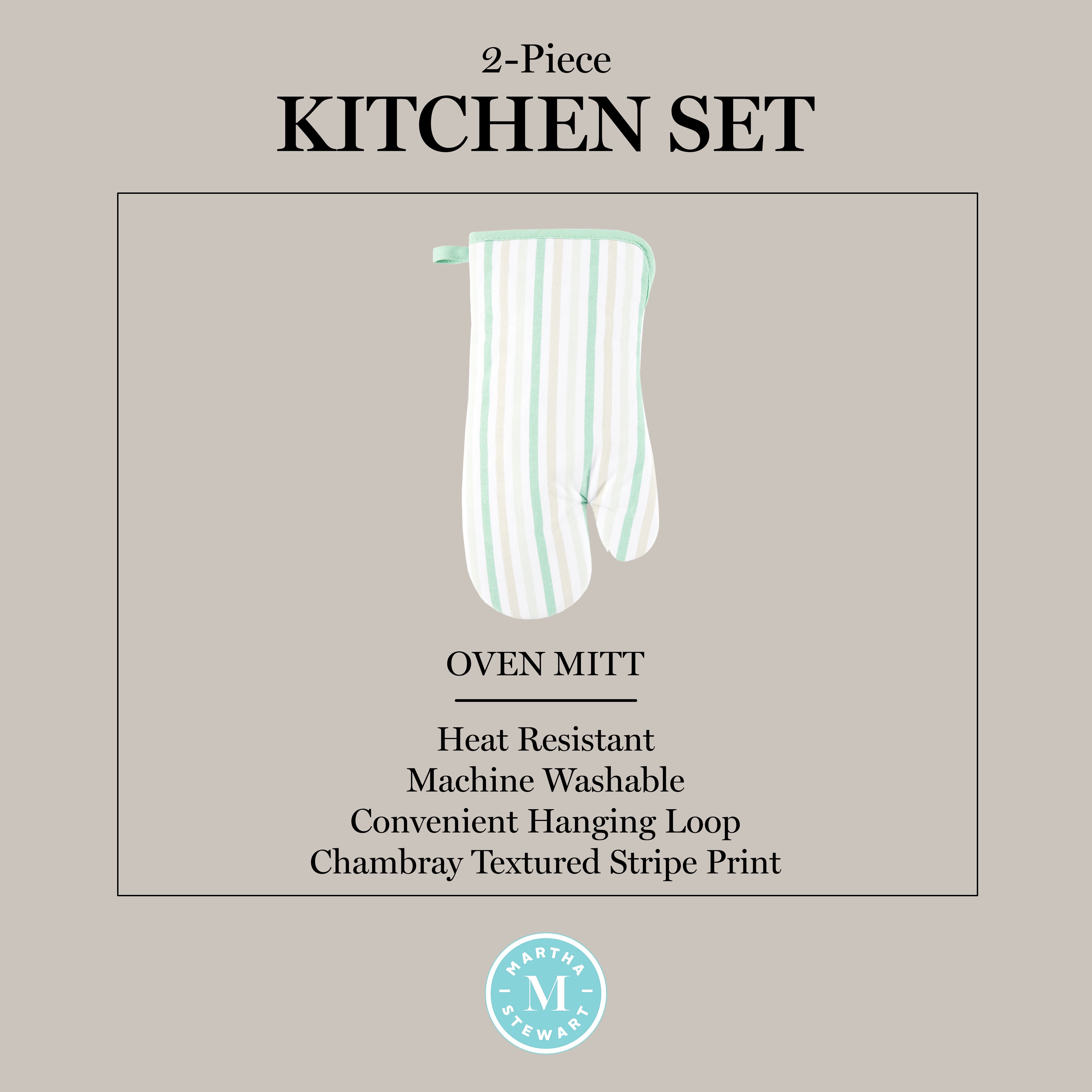Martha Stewart Daisy Stripe Oven Mitt Set 2-Pack, Green, 7"x13"