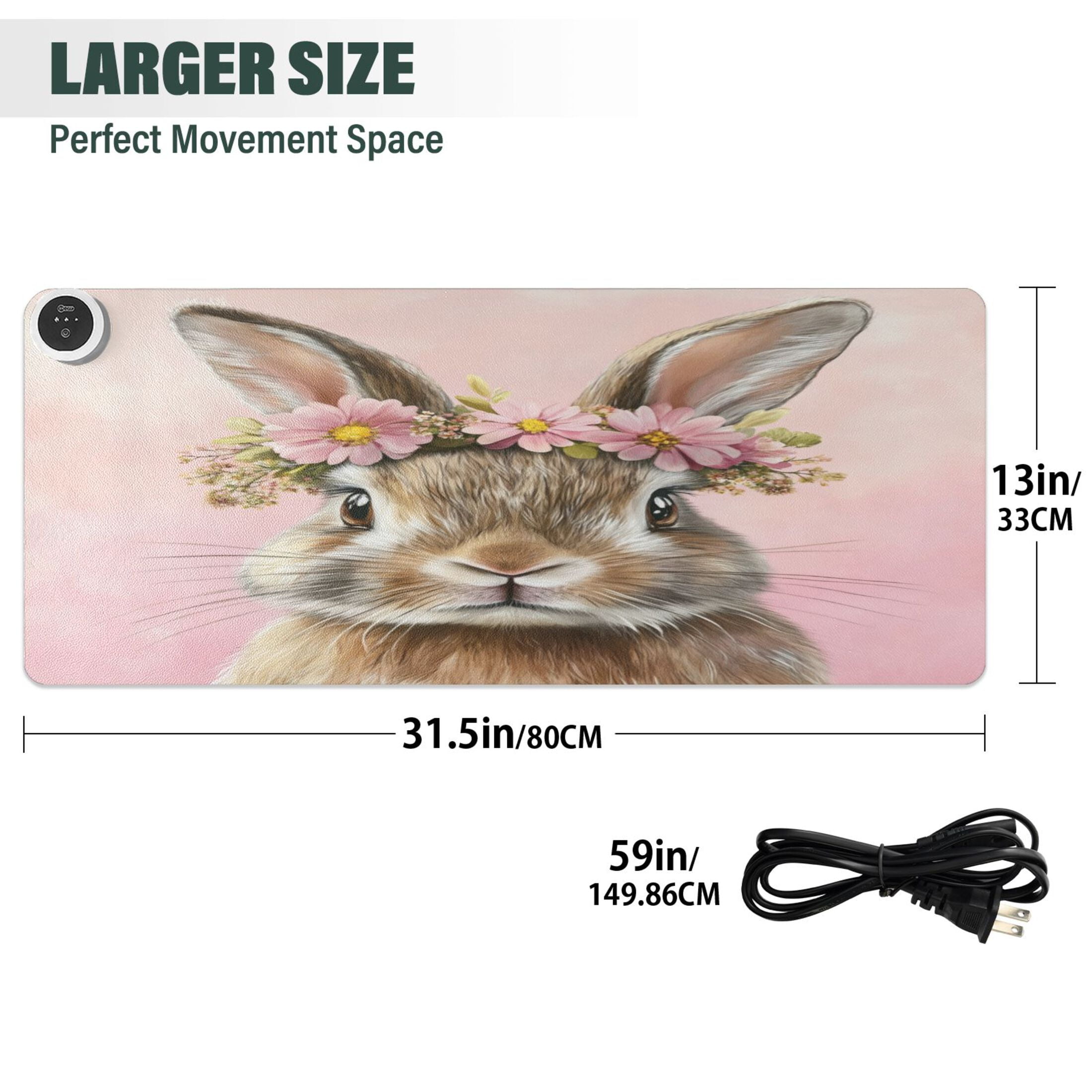 Wobogo Pink Wreath Bunny Heated Mouse Pad Extra-Large Desk Mat With 3 Heating Levels and 3-hour Auto Shut-Off Protection Ideal for Computer Keyboards Home Office Hand-warming Essential 31.5in × 13in