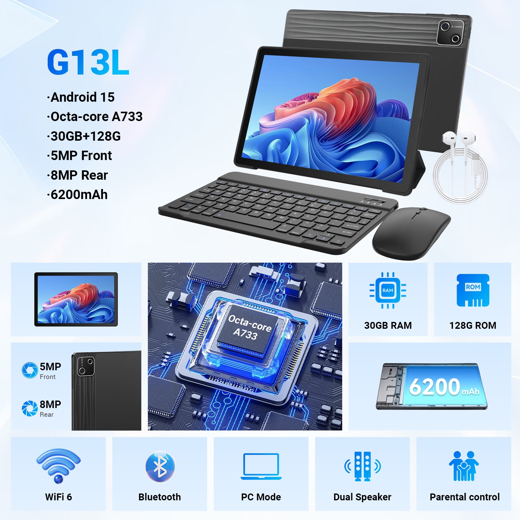 AEEZO Android 15 Tablet with Keyboard, 30GB RAM+128GB Storage(Expand to 1TB), 6200mAh Battery, Widevine L1, 10 Inch 2-in-1 Tablets with WiFi 6, BT5.0, Mouse, Case, Stylus(Black)