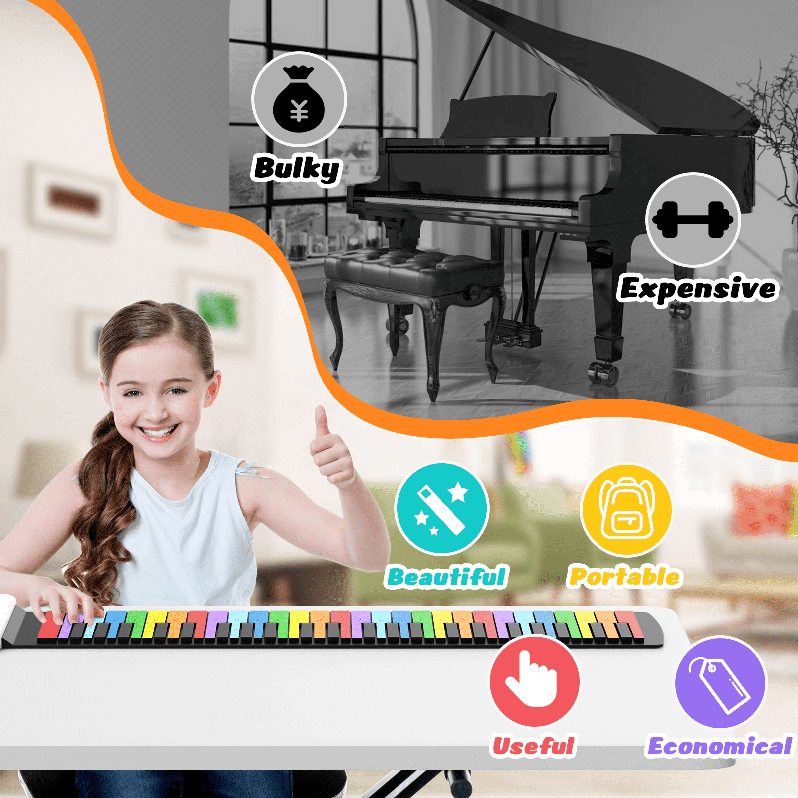 Udreamer Digital Piano Keyboard Roll up Portable Electric Foldable 49 Key Number Notes Rainbow