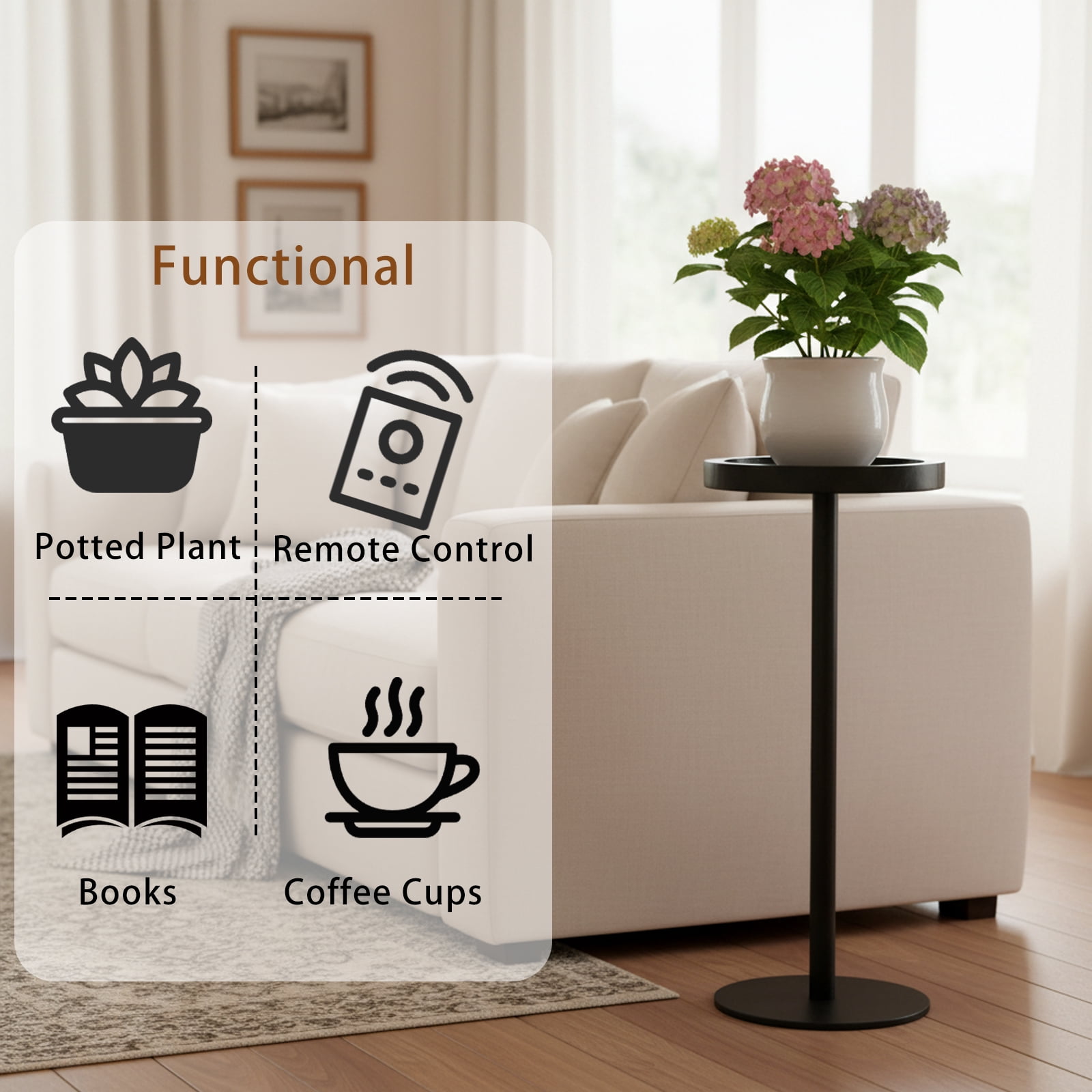 ManyFun Drink Table, Small Pedestal Side Table, Round Cocktail Table, Circle End Table with Metal Base, for Small Spaces, Walnut Brown & Black