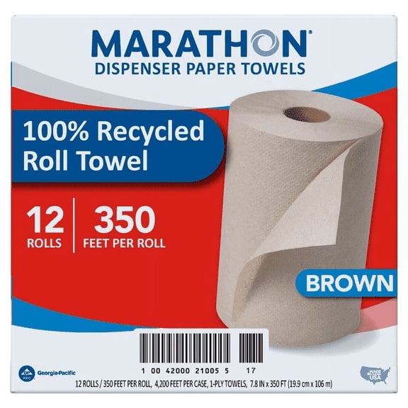 Marathon Paper Towel, Brown, 1-Ply, 350 Foot Rolls, 12 Count