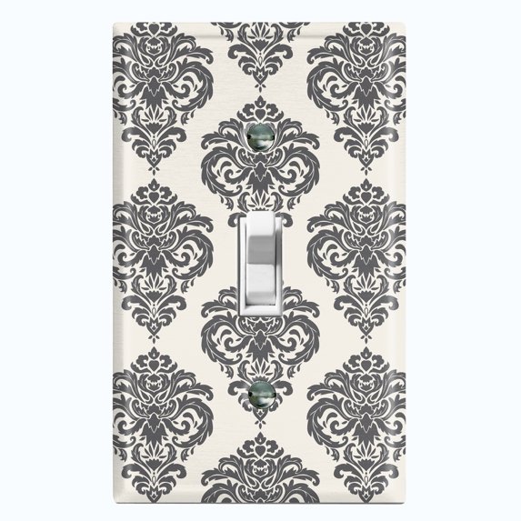 Metal Light Switch Plate Outlet Cover (Damask Black Tan Pattern - Single Toggle)