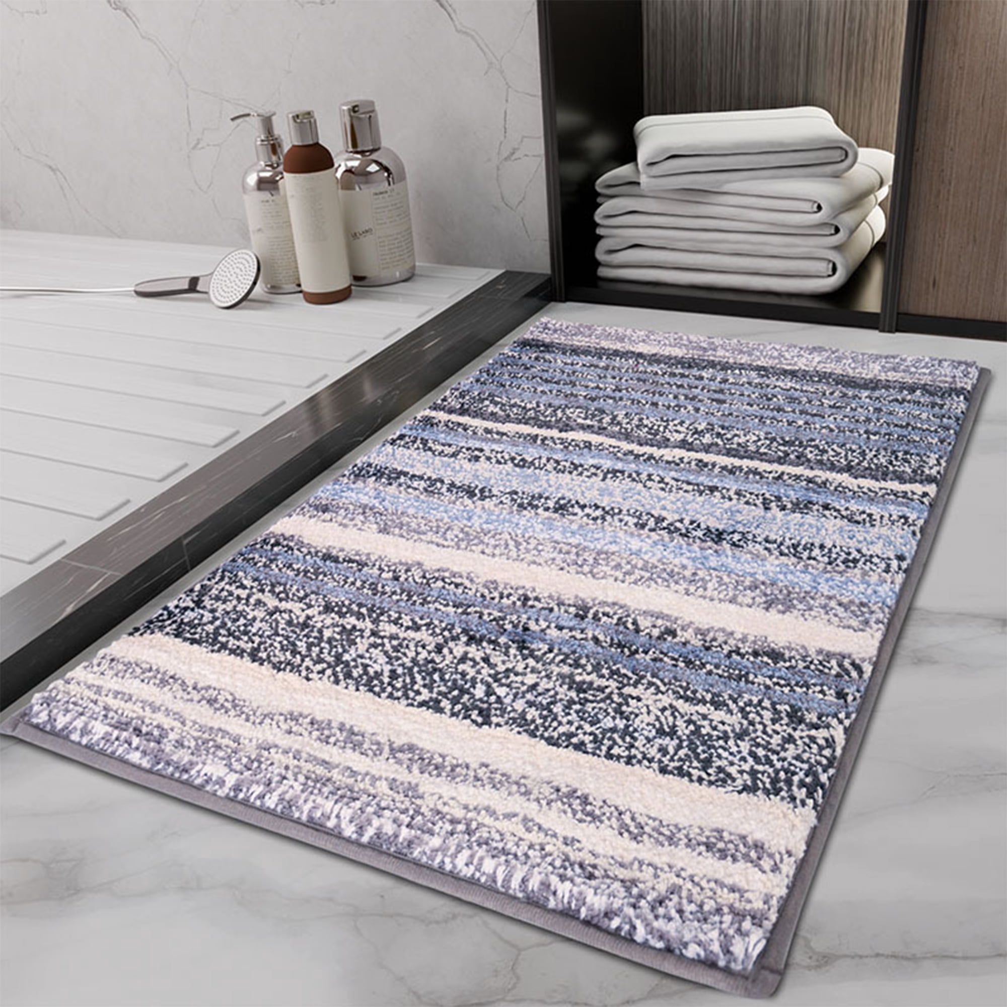 Unique Bargains Striped Bathroom Mat Soft Non-Slip Quick Dry Bath Rugs Grey 20" x 32"