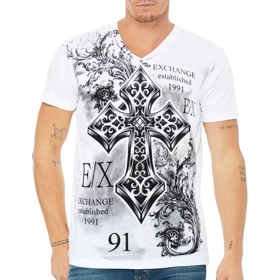 NWT Big Crosstattoo Style Men's White V-neck Short Sleeve T-Shirt