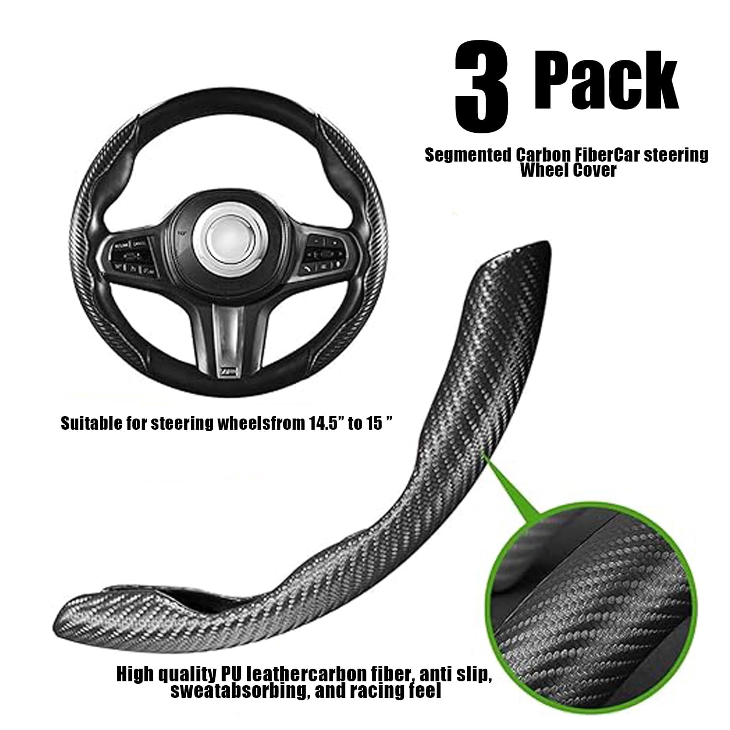 Aurovault Carbon Fiber Steering Wheel Cover, 3PCS Snap-On Anti-Slip Wrap, Universal  Car Steering Wheel Protector, Easy Install Interior Accessories