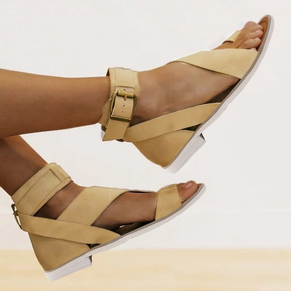 Vedolay Heeled Sandals Womens Flat Sandals Comfortable Summer Elastic Ankle Strap Flip Flops Casual Shoes,Khaki 8.5