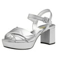 thumbnail image 2 of FSJ Women Fashion Platform Chunky Mid Heel Sandals Open Toe Crisscross Adjustable Buckle Strap Elegant Party Prom Evening Shoes Size 9 Silver, 2 of 4