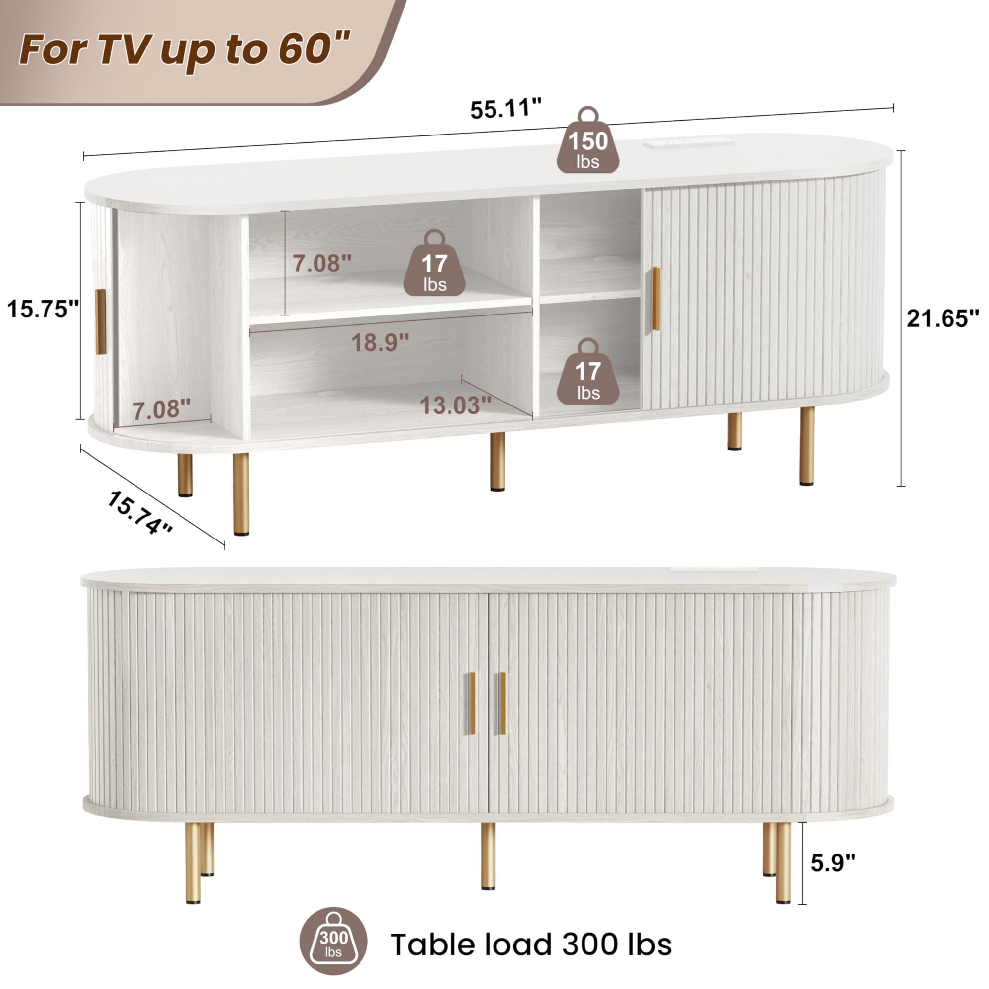 55 Inch Mid Century Modern TV Stand with Power Outlet, Fluted Media Console with Sliding Doors for TVs up to 60 Inch, White