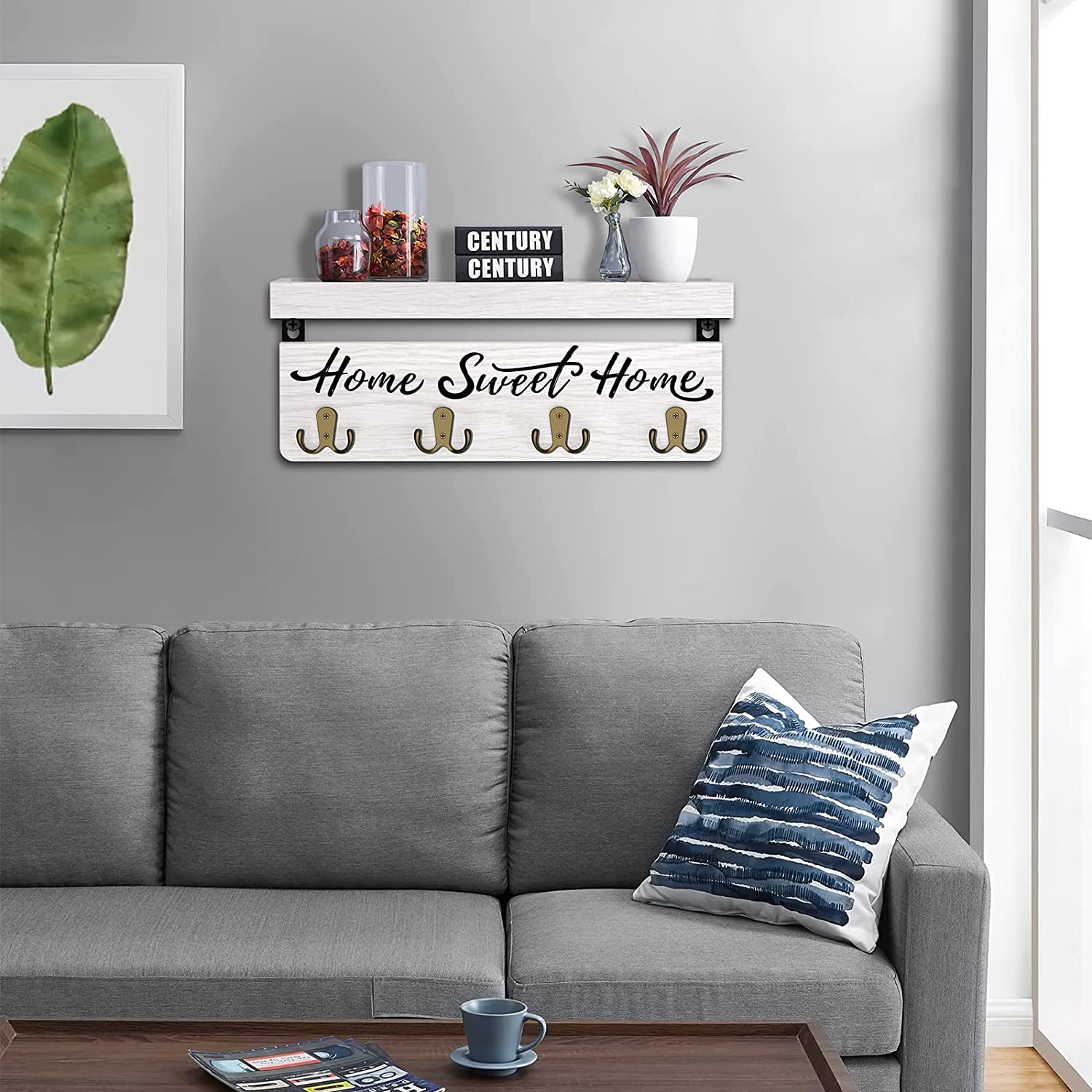 Key Holder for Wall, Dinosam Mail Organizer Wall Mount with Double 4 Key Hook and Mail Holder, Designer Key Rack Suitable for Entryway, Hallway, Bedroom, Living Room and Office，White