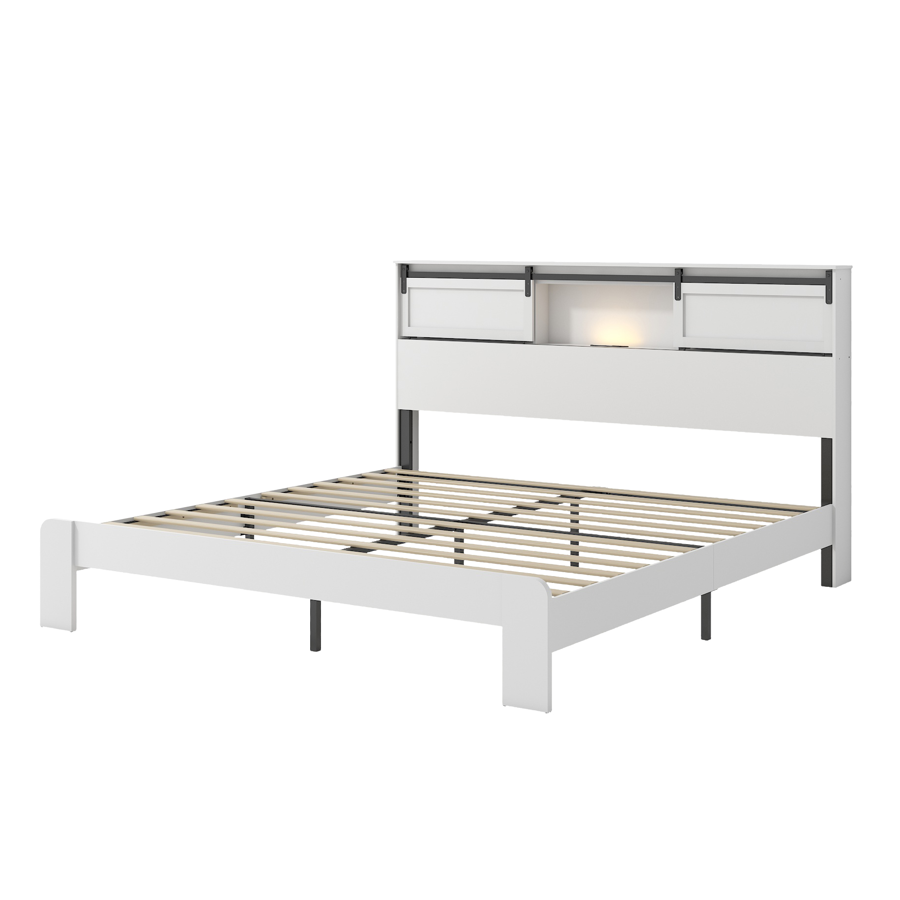 Yoneston King Size Bed with Wooden Slide Door Storage Headboard, Farmhouse Platform Bed Frame with Charging Station & LED, No Box Spring Needed, White