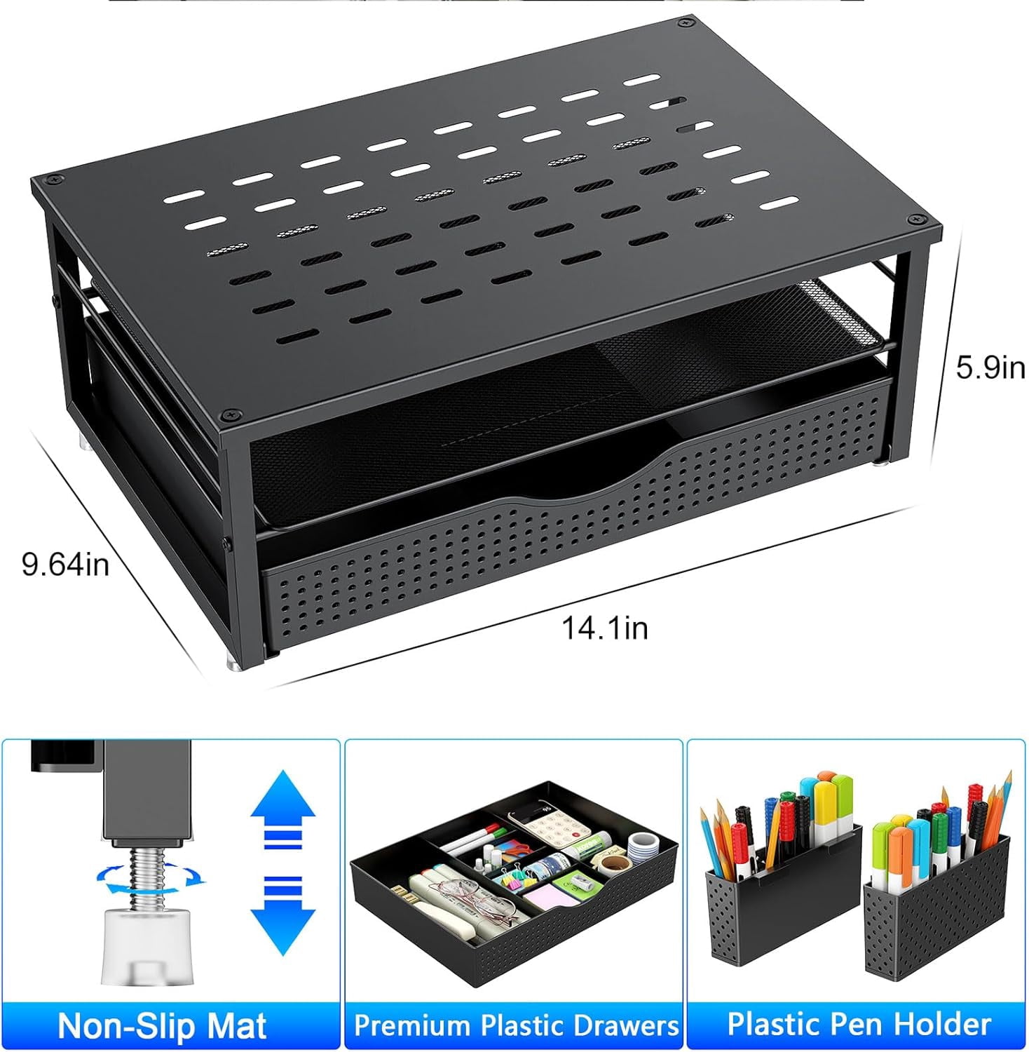 Desk Organizers and Accessories, Monitor Stand with Drawer and 2 Pen Holder, Desktop Organizer Suitable for Offices and Dormitories (Black)