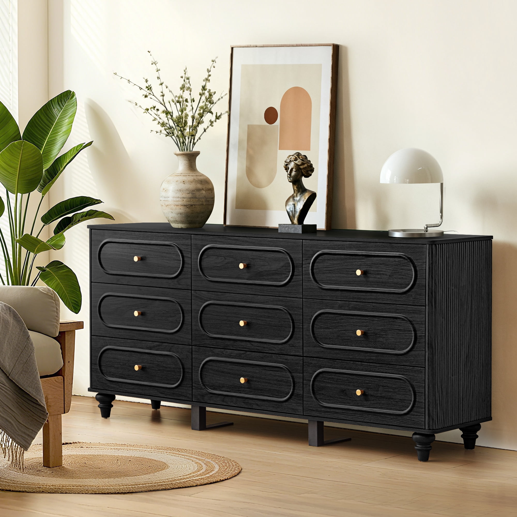 Weselon 9 Drawer Fluted Dresser for Bedroom, Mid Century Chest of Drawers with Arc Edge, Wood Storage Large Dresser Organizer for Bedroom Living Room Hallway Closet, Black