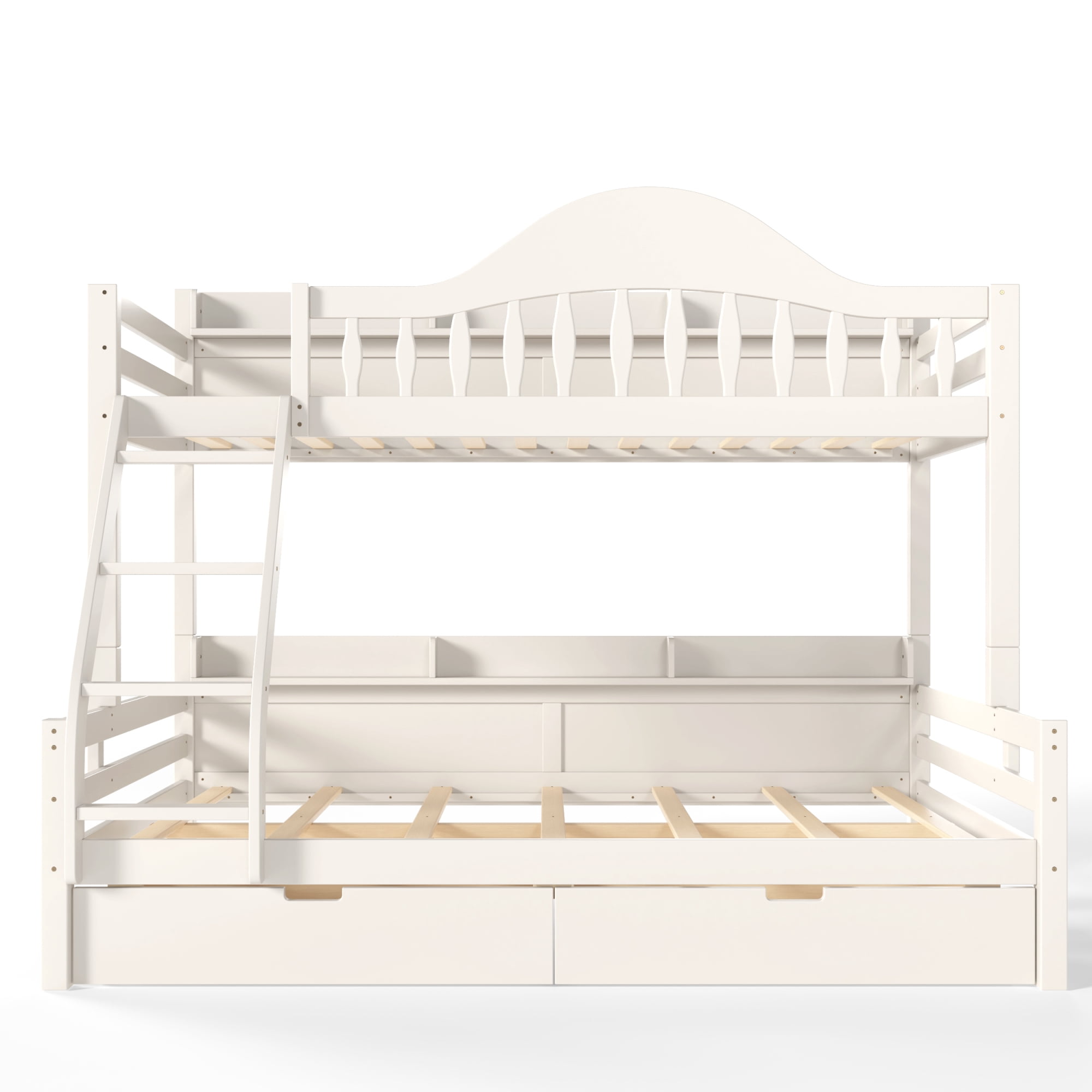 Leumius Twin over Full Bunk Bed with Storage Drawers, Chic Curved Guardrail & Side Storage Shelves, Bunk Bed Frame with Ladder Beige