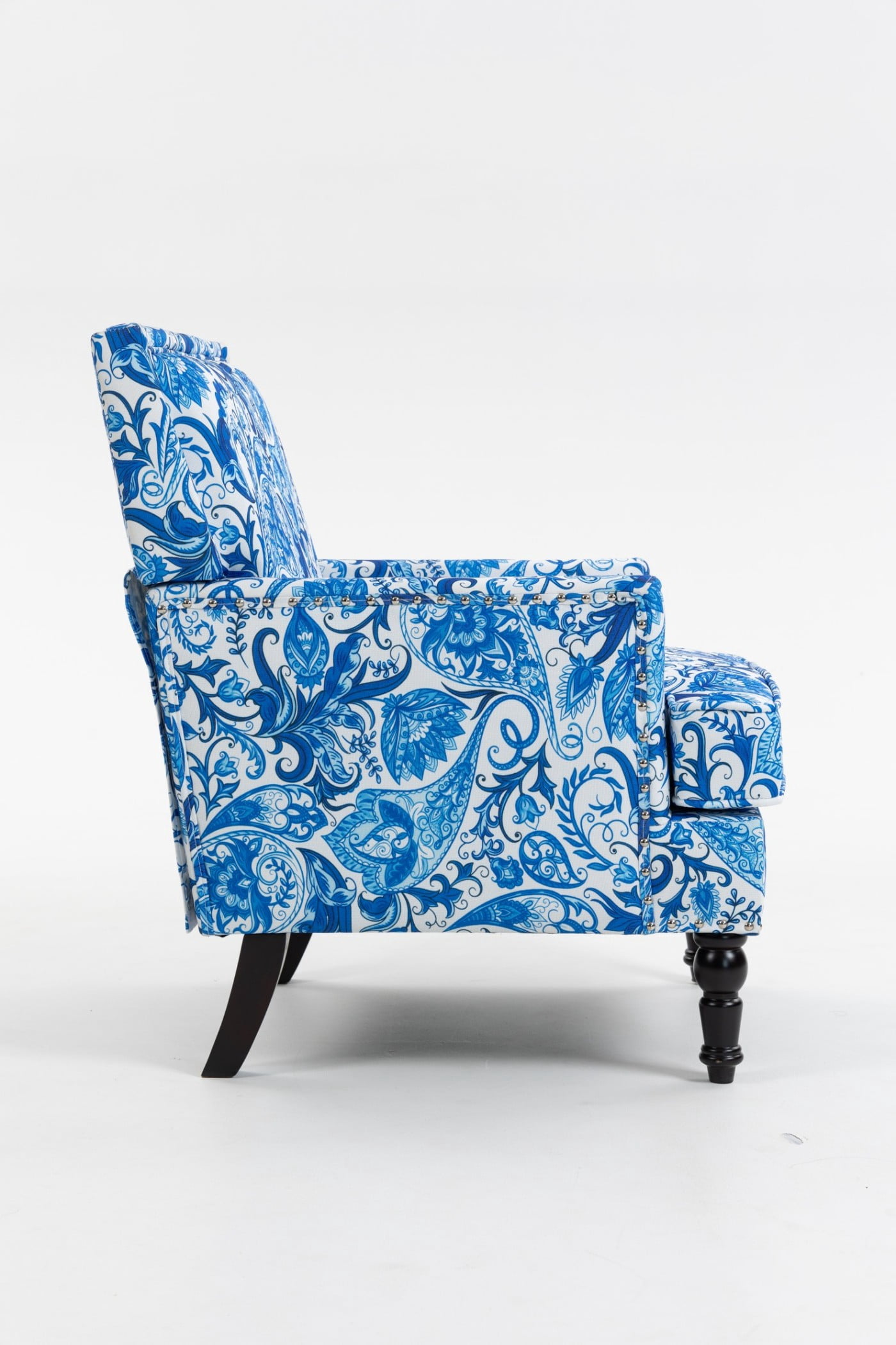 Upholstered Accent Chair with Nailhead Trim, Vintage Striped Linen Armchair, High-Density Foam Reading Chair with Solid Wood Legs for Living Room, Bedroom, Home Office, Blue & White Stripes