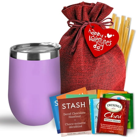 Bellina Tea Gift Baskets for Women and Men - Valentines Day - Insulated Cup, 20 Premium Teas, 10 Honey Straws, Gift Tag & Bag