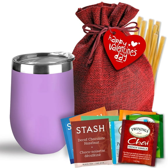 Bellina Tea Gift Baskets for Women and Men - Valentines Day - Insulated Cup, 20 Premium Teas, 10 Honey Straws, Gift Tag & Bag