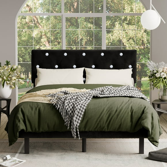 VERDALAY Estructura de cama tipo plataforma tamaño queen con cabecero tapizado en terciopelo/estructura de cama con botones de cristal y soporte de listones de madera. No necesita somier negro