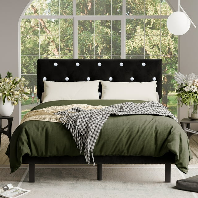 VERDALAY Estructura de cama tipo plataforma tamaño queen con cabecero tapizado en terciopelo/estructura de cama con botones de cristal y soporte de listones de madera. No necesita somier negro