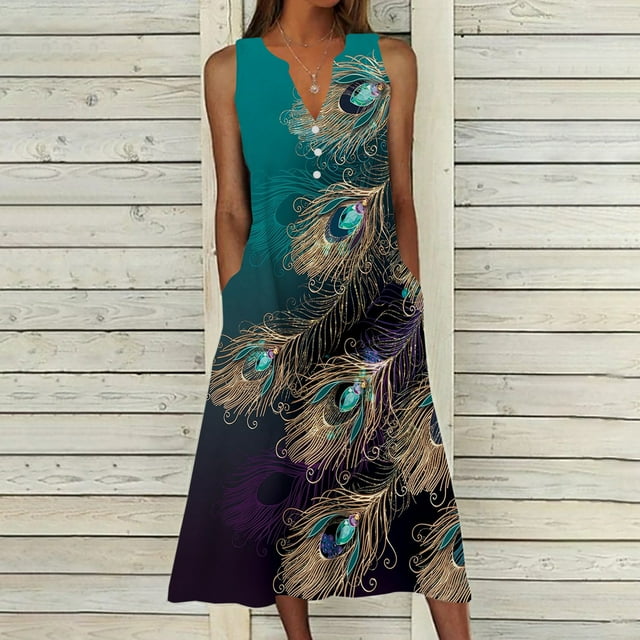 LOVZFMLL Robes d'Été pour Femmes Design Décontracté Robe Longue Sans Manches Col en V