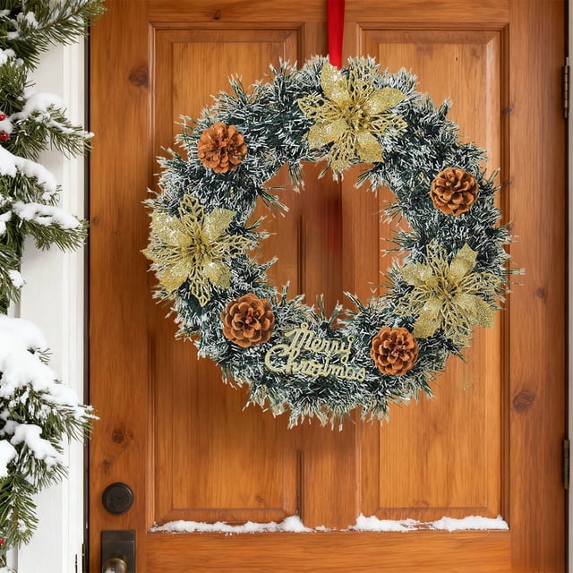 Corona Navideña con Bolas Doradas, Piñas y Flores para Colgar En La Puerta | Decoración Navideña para Interiores y Exteriores 35 X 6 X 35 Cm