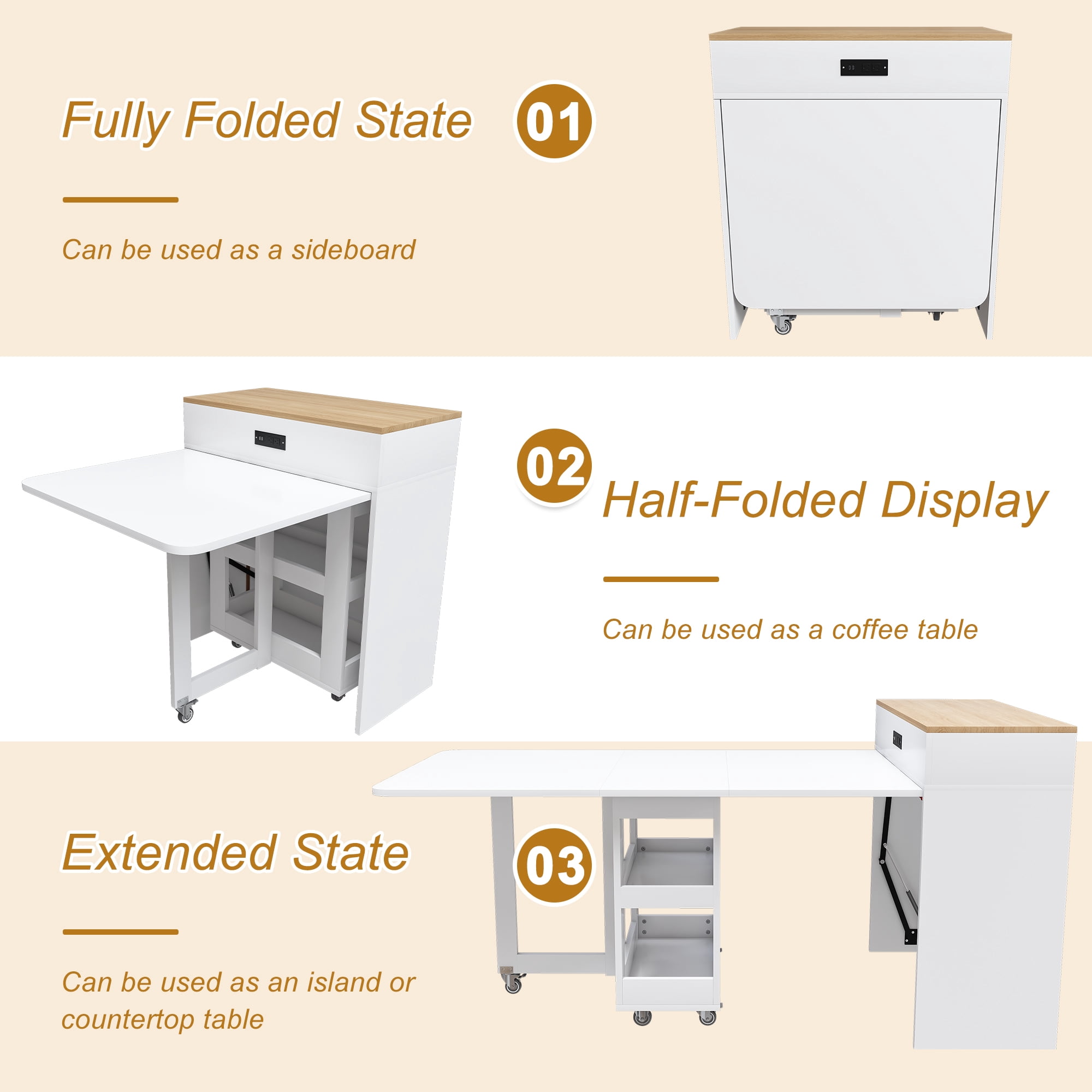 Mintazer Expandable Rolling Kitchen Island Dining Table with Power Outlet, Multi‑Mode Telescopic Folding Table with Lockable Casters & Storage Compartments for Small Apartment, White